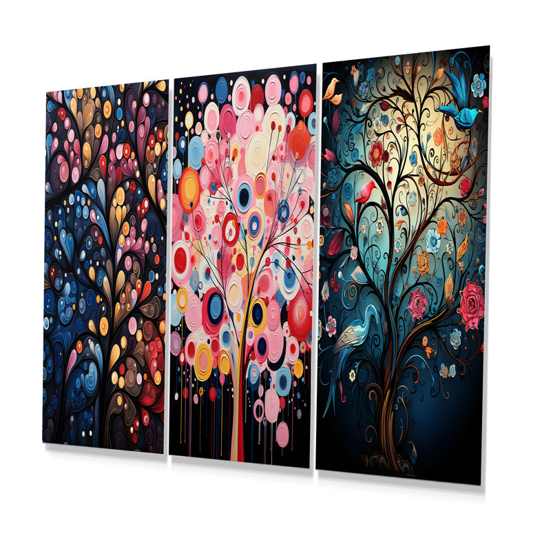 Arbre de fantaisie floral rose et bleu arbre I - arbre africain, art mural en métal, ensemble de 3, H 28 po x l 36 po