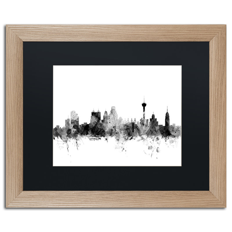 « san antonio texas horizon bw », reproduction d’impression sur toile encadrée, H 11 po x l 14 po x P 0,5 po, Blanc