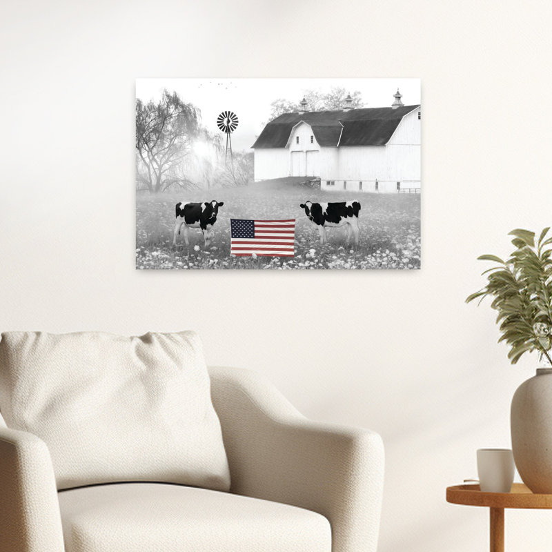 Vaches patriotiques, fantaisiste, abstrait, vache, paysage contemporain, art d'été, H 16 po x l 24 po