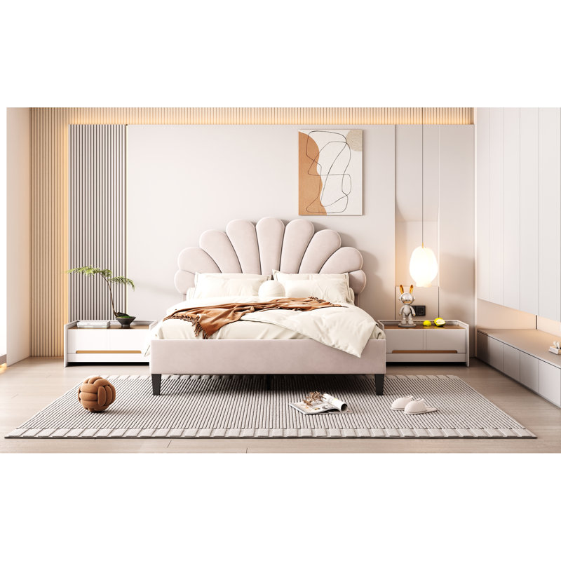 Tête de lit tapissier beige en velours, Beige, Lit double