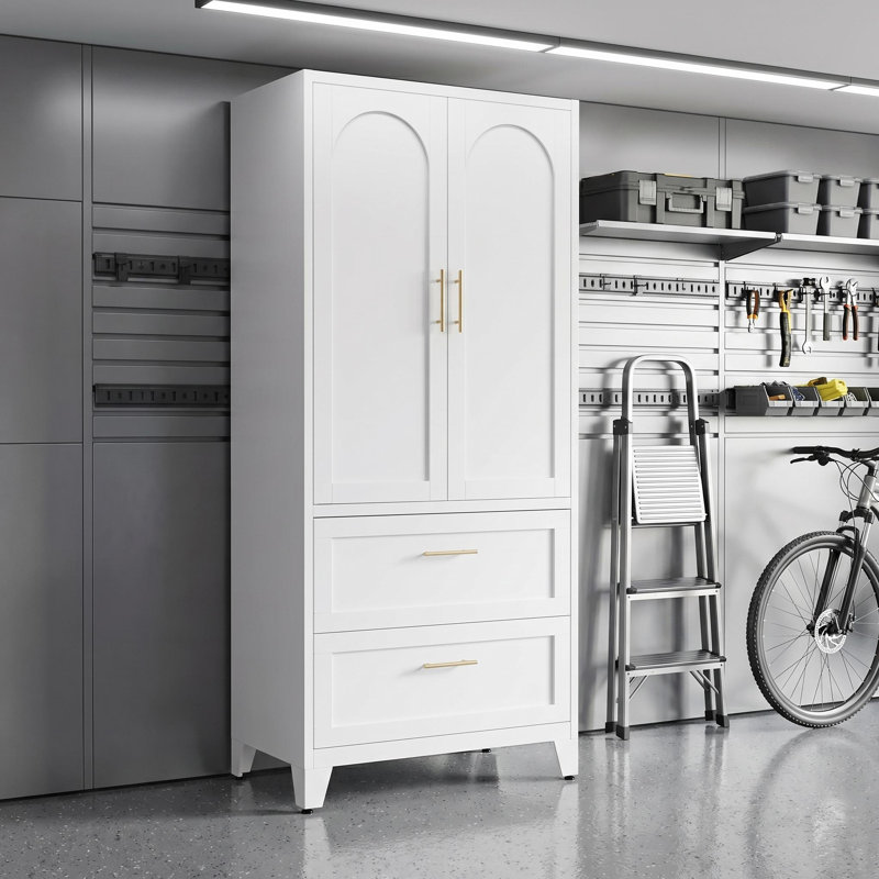 71" H Steel Garage Storage Cabinet with 2 Drawers and Hanging Rod, Bright White, 71 INCH, Bright White