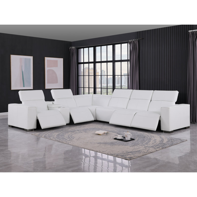 Huntington Luxurious Genuine Leather 7-Piece Sectional With 4 Power Reclining Seats & Power Headrest, White