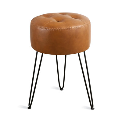 Faux Leather Vanity Stool Chair For Makeup Room,Brown Stool For Vanity, 19” Height, Tufted Small Vanity Chair Stool With Metal Legs, Modern Foot Stool by George Oliver