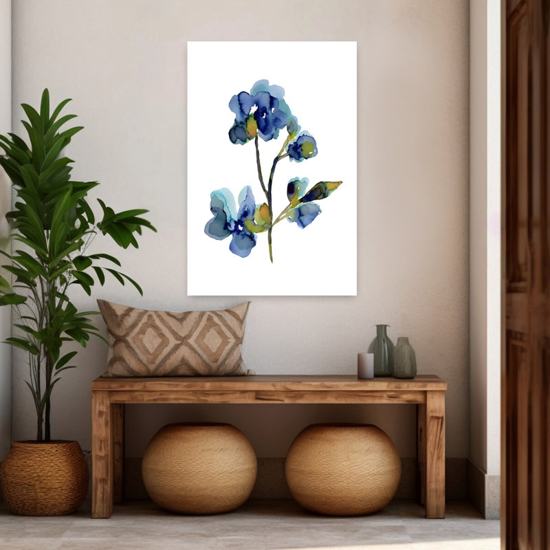 Art floral abstrait bleu délicat contemporain, 48" H x 32" W