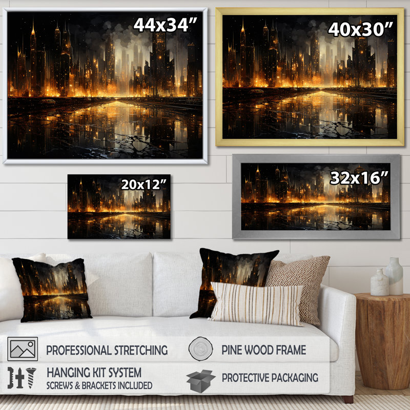 Nyc Cityscape Night Noir sur toile, Cadre simple noir, H 30 po x l 40 po x P 1,5 po
