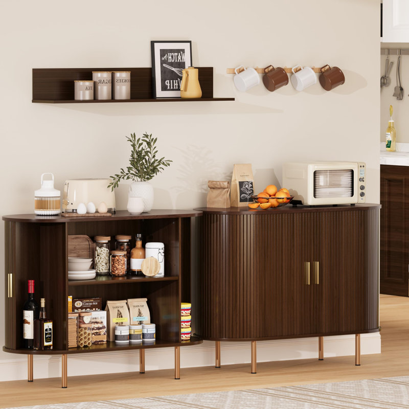 Mid Century Modern Fluted Sideboard Buffet Cabinet With Sliding Doors & Adjustable Shelf , 29.5" x 40" W x 15.8" D, Walnut