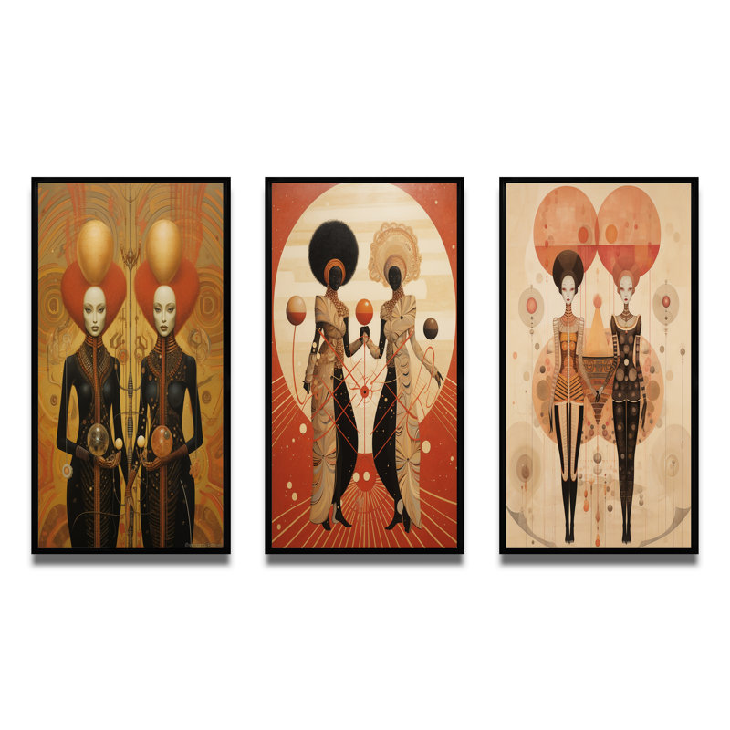 Alien Goddess Vintage Dreamscape Illustration VII - Abstract Portraits Art Set Of 3 Pieces, Cadre noir, H 28 po x l 36 po