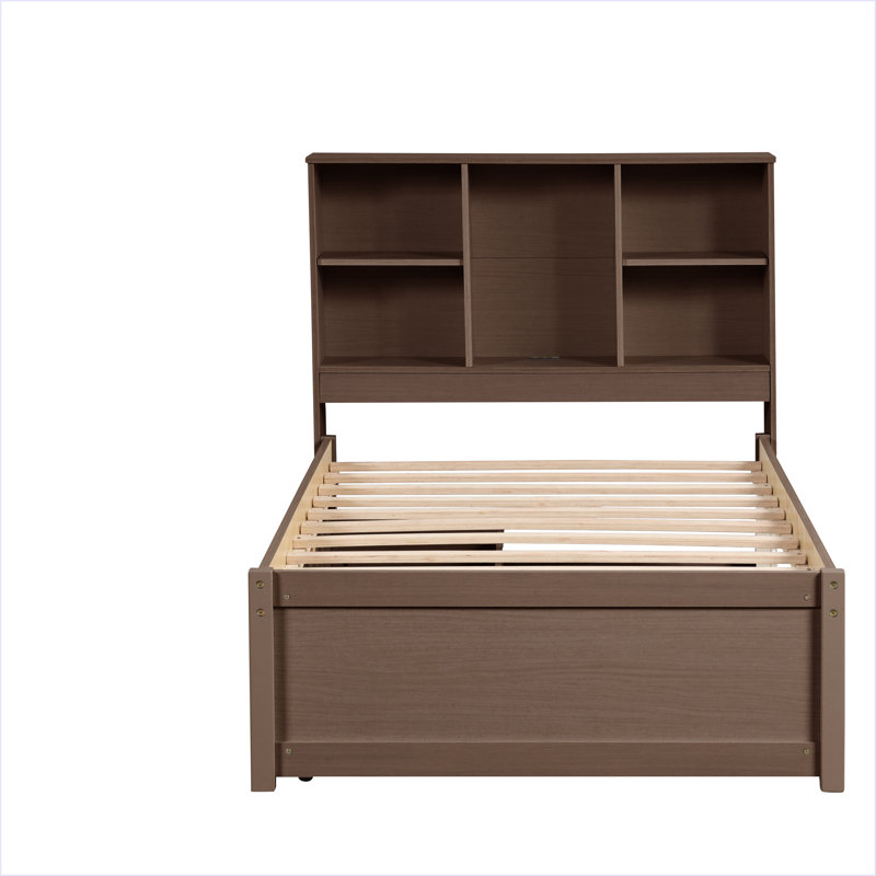 Modern Twin Size Bed Frame With Built-In USB Port On Bookcase Headboard And 2 Drawers, Walnut