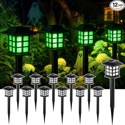 Paquet de 12 lumières de chemin solaire vertes d'Halloween, décorations de jardin extérieures imperméables à DEL