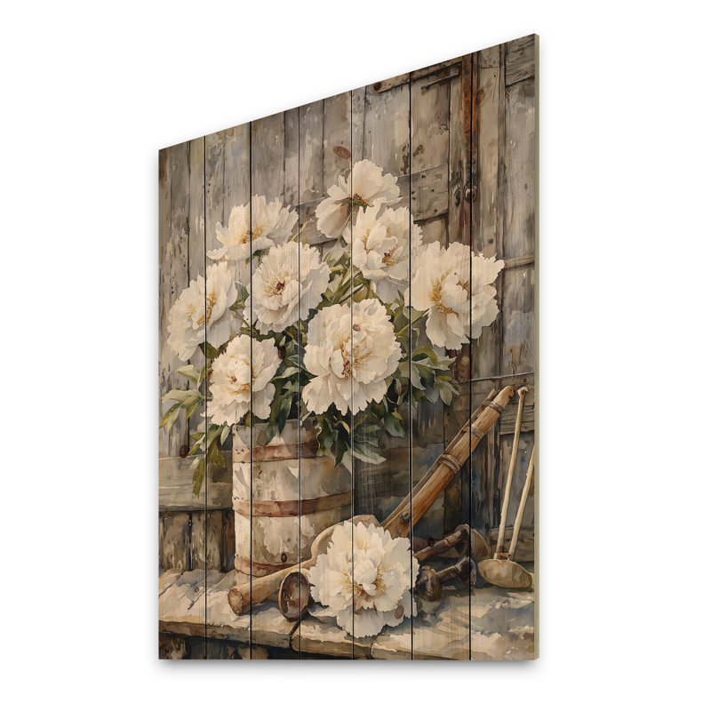Pivoines dans la remise laitière II - Décoration murale en bois de pivoines - sur bois de pin naturel