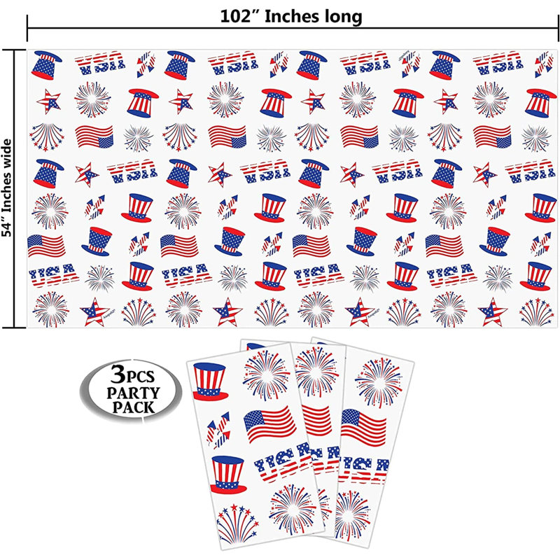 Nappe en plastique 4 juillet | Ensemble de 3 pièces (54 po de largeur x 102 po de longueur) | Couverture de table rectangulaire Jour de l'Independance, Décoration de table de fête patriotique | Nappe American Celebration