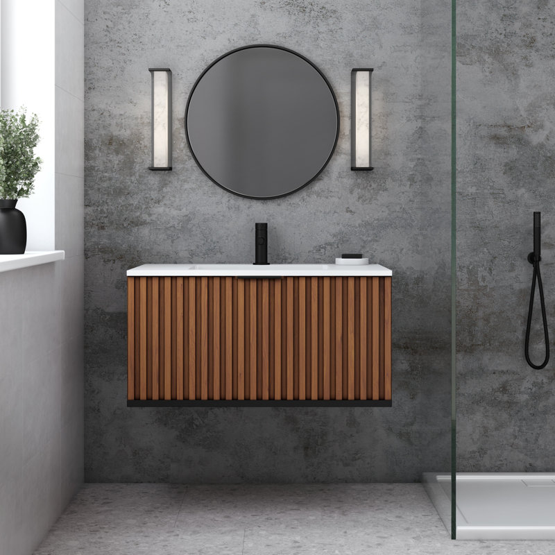 Terra 36'' W Single Vanity, Matte Black, Calacatta Quartz/Widespread Faucet Mount, Walnut