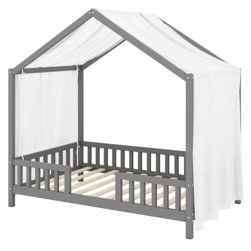 House Bed Frame with Canopy for Kids, Montessori Floor Bed with Safety High Railings, Grey, Twin