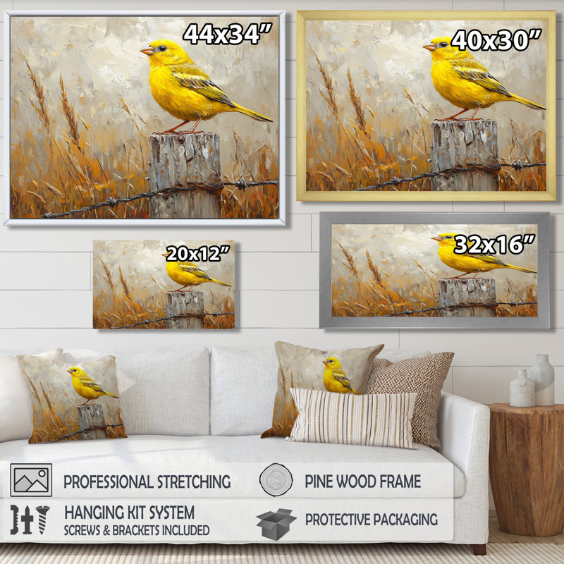 Oiseau pinson sur la clôture de la basse-cour III - oiseau, art mural, H 30 po x l 40 po, Toile tendue, Ne s’applique pas