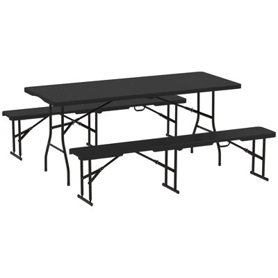 Table de pique-nique pliante en rotin 3 pièces 6 pi avec 2 bancs, 6 pi, noir