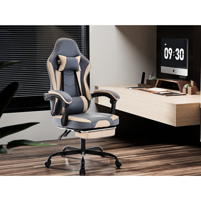 Fauteuil de jeu avec repose-pieds, soutien lombaire massant et pivotant, hauteur réglable, pour adultes (charge maximale : 136 kg), bleu et beige, enveloppant du cou à la taille. Parfait pour les jeux vidéo.