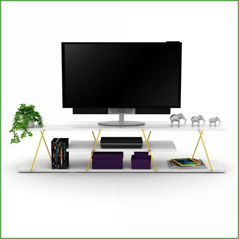 TV Furniture | 56” Mid Century Modern TV Stand | 4 Open Shelves | White/Yellow | TV Size Ranges | White, White/Yellow