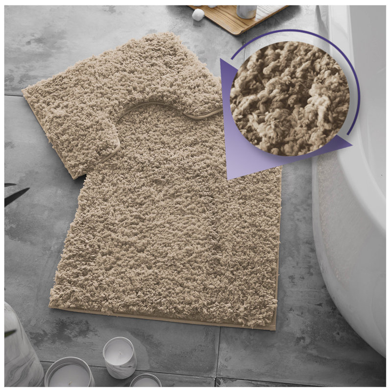 Luxury Zero Twist Bath Mat Set 2 Piece Plush Microfiber Bathroom Rug & Pedestal Mat Non Slip Absorbent Washable, Natural