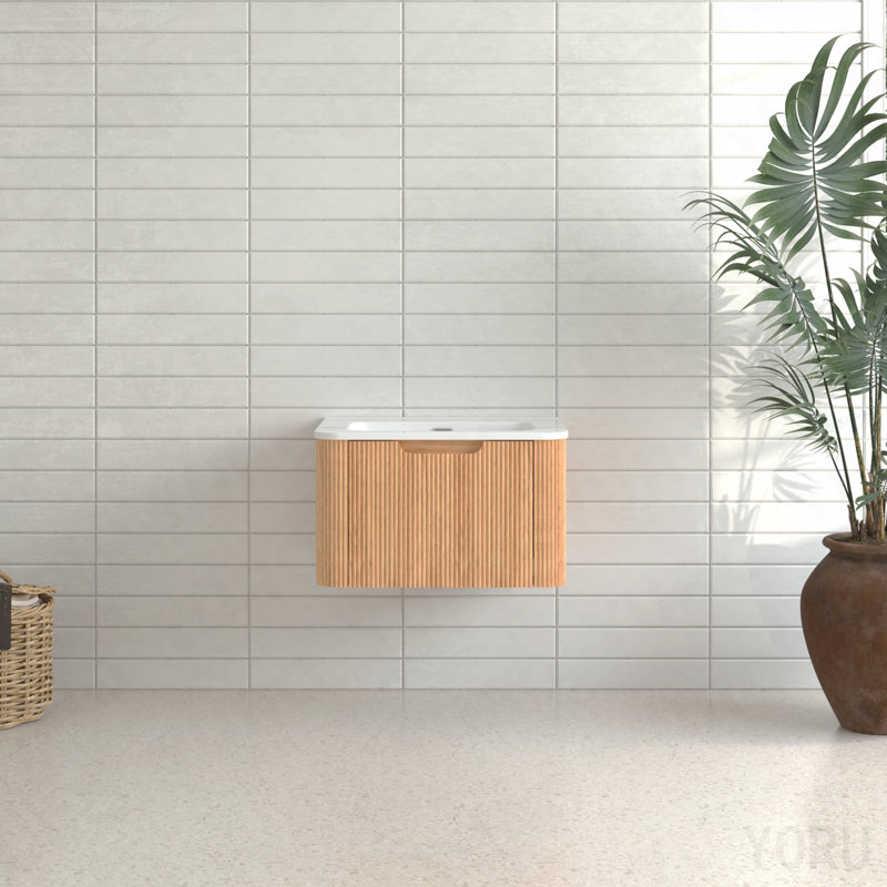 Armoire de salle de bain flottante murale 24 po pré-assemblée à bord arrondi de couleur noyer naturel avec cuve en céramique blanche