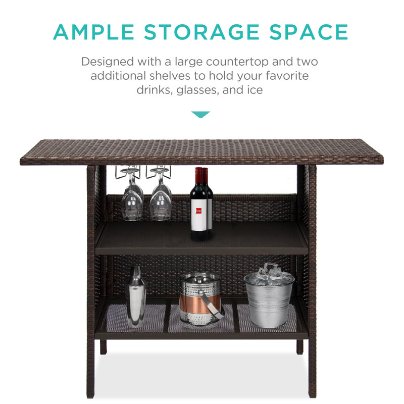 Modern Outdoor Wicker Bar Counter Table with Steel Shelves - Brown