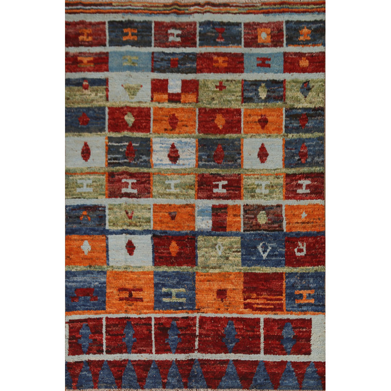Tapis rouge / orange / bleu en laine noué à la main de conception unique 5 pi 9 po x 7 pi 9 po New Age