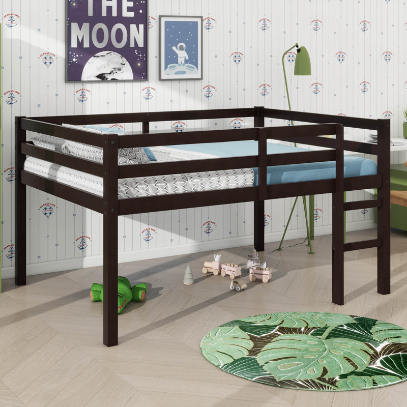 Lit mezzanine compacte pleine grandeur en bois d'hévéa avec marches, Espresso