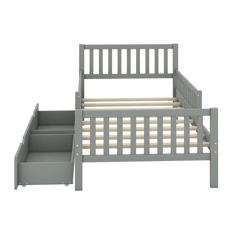 Lit plateforme en bois avec garde-corps des deux côtés et deux tiroirs de rangement, Lit simple