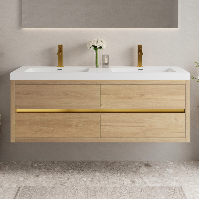 Meuble-lavabo mural avec lavabo, Bois de chêne naturel, 59"
