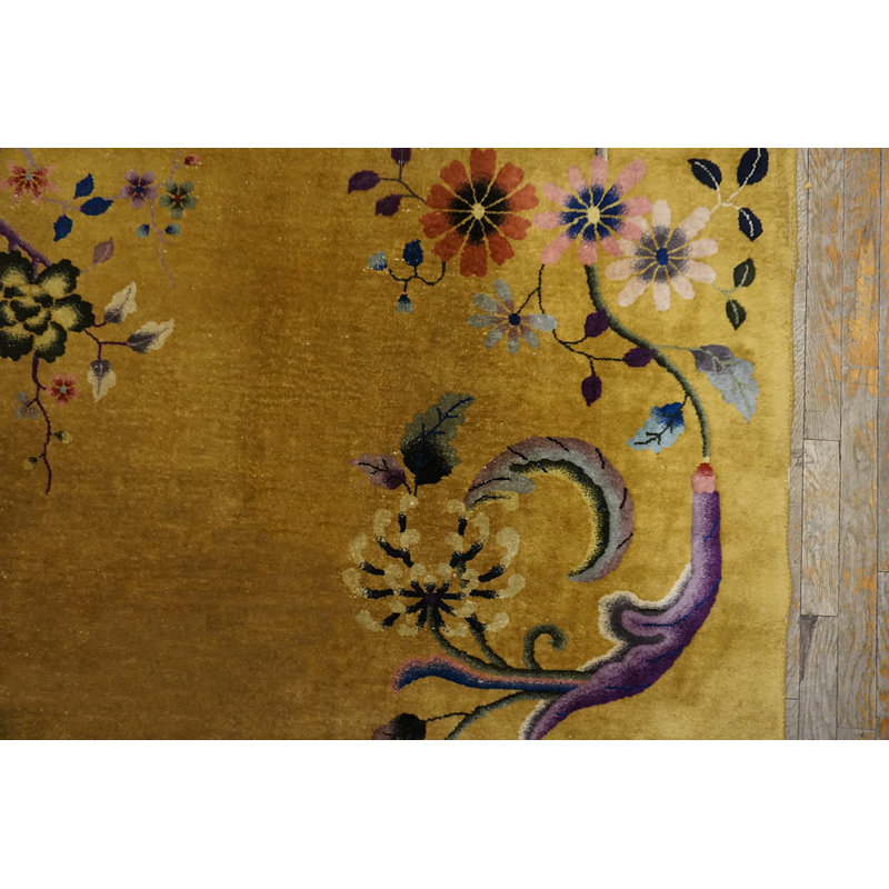 Yellow Gold Color Antique Floral Vase Medallion Design Chinese Deco Carpet