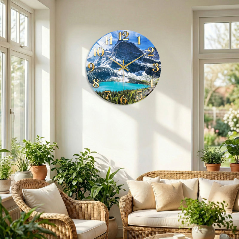 "Mountain Lake", horloge murale en verre, 60 x 60 cm (23,6 x 23,6 pouces)