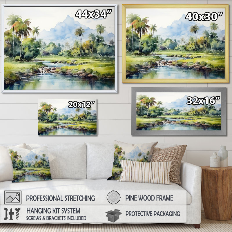 Paysage indonésien - Art mural Indonésie, H 12 po x l 20 po x P 1 po, Cadre d'angle fermé doré