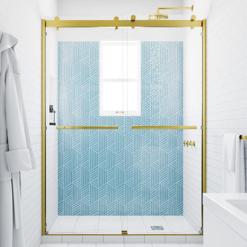  Mara 44 - 48 x 78 "Porte de douche coulissante sans cadre 3/8" en verre trempé transparent, Or satiné