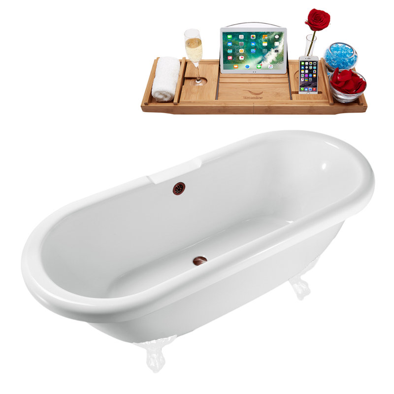 67" Streamline Clawfoot Soaking Acrylic Bathtub With Drain, Clawfeet, and Bamboo Tray, Matte Oil Rubbed Bronze, Glossy White