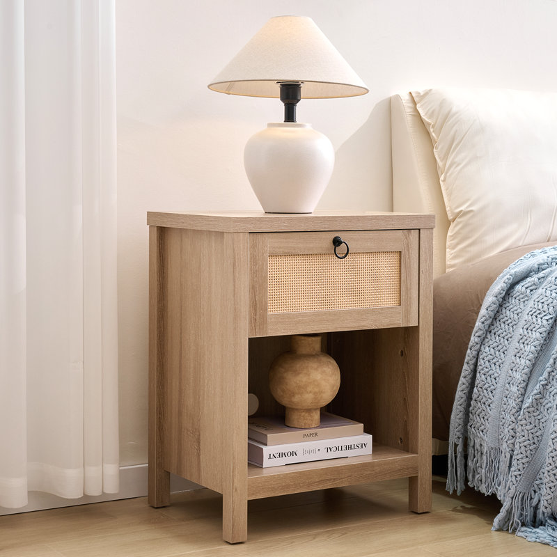 Set Of 2 Farmhouse Rattan Nightstands, Boho Bedside Tables With Drawer And Open Storage, Cane Accent Side Tables, Light Oak