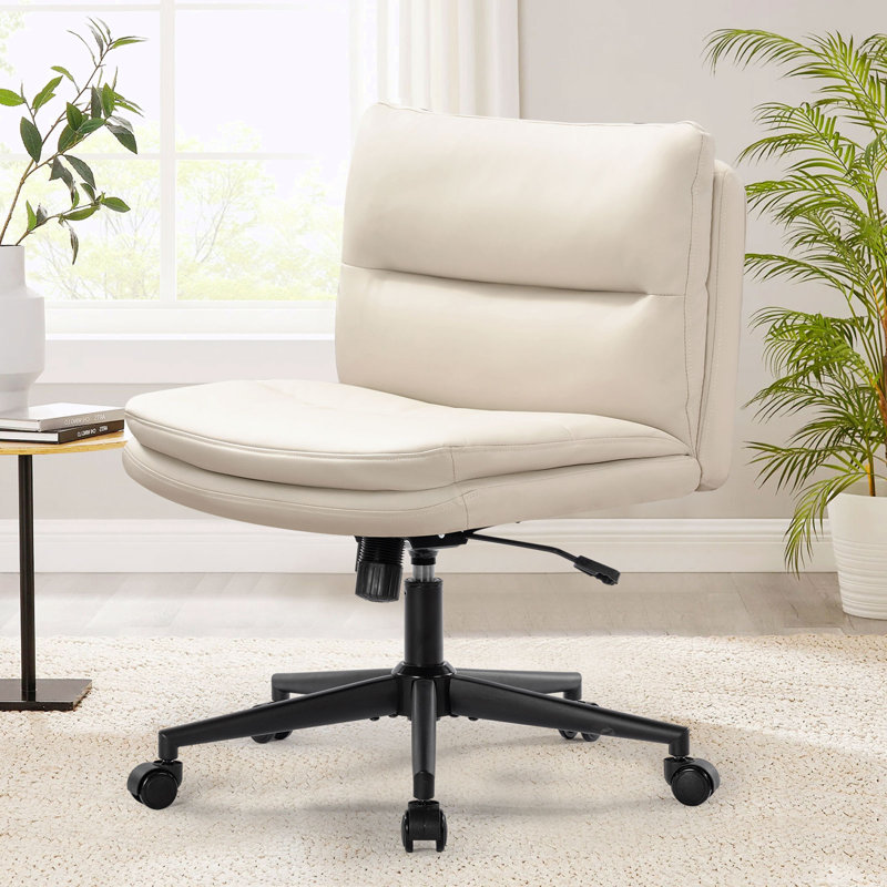 Chaise de bureau en polyuréthane sans accoudoirs avec roulettes, dossier à bascule 120 °, Crème