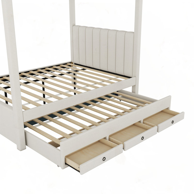 Lit plateforme à baldaquin avec lit gigogne et tiroirs Upholstery, Beige, Full