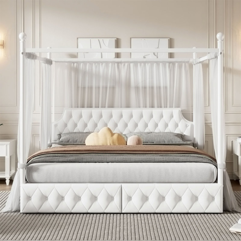 Lit plateforme à baldaquin en métal avec tête de lit tapissier, 2 tiroirs et coutures à boutons, Roi