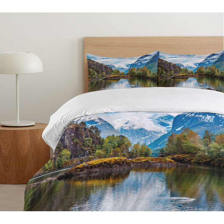 Nature Duvet Cover Set Norway Mountain Range Snowy Peaks By The Lake Fishing  Nordic Northern Landscape Decorative 3 Piece Bedding Set