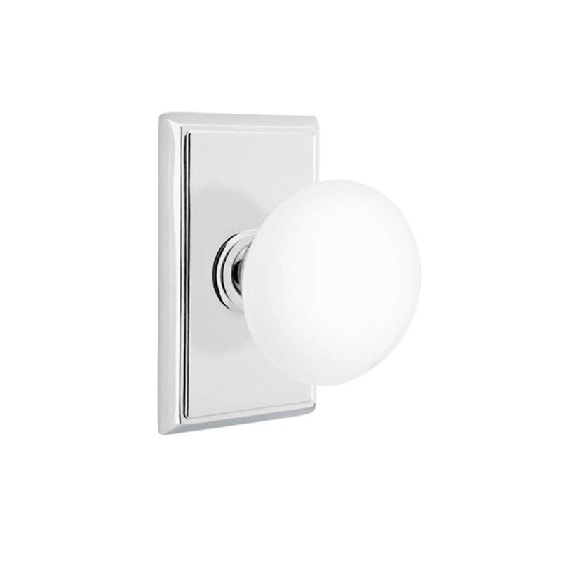 Ensemble de boutons de passage Emtek avec rosette rectangulaire et bouton en porcelaine blanc glacé, Chrome poli