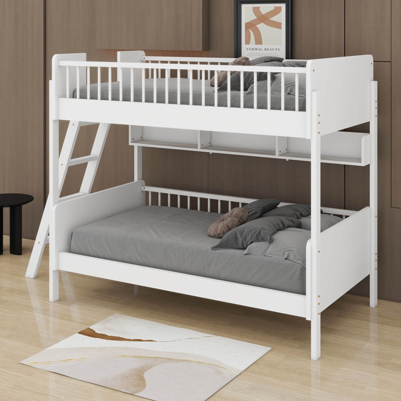 Twin Size Bunk Bed With Shelves,Ladder Can Be Changed Left Or Right, White
