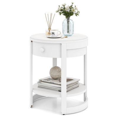 Nightstand w/ Shelf & Wood Grains Drawer Round End Table for Living Room by Red Barrel Studio