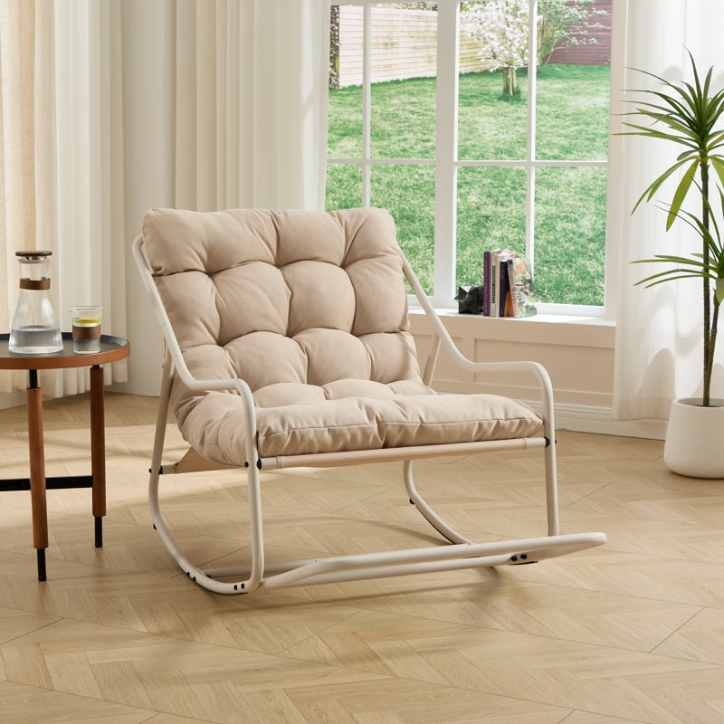 Outdoor Rocking Chair, Comfy Cushion, with Soft Thick Cushion,for Living Room, Bedroom, Reading Room, Beige Frame with Beige Cushion