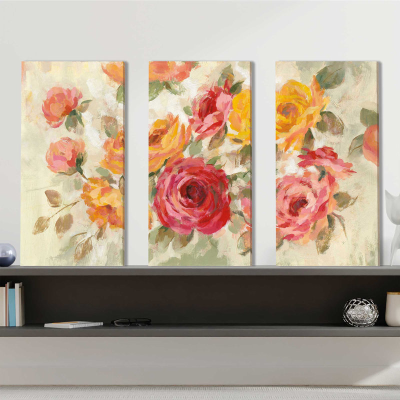 Brushy Roses - ensemble de 3 peintures sur toile tendue, H 24 po x l 36 po x P 0,75 po