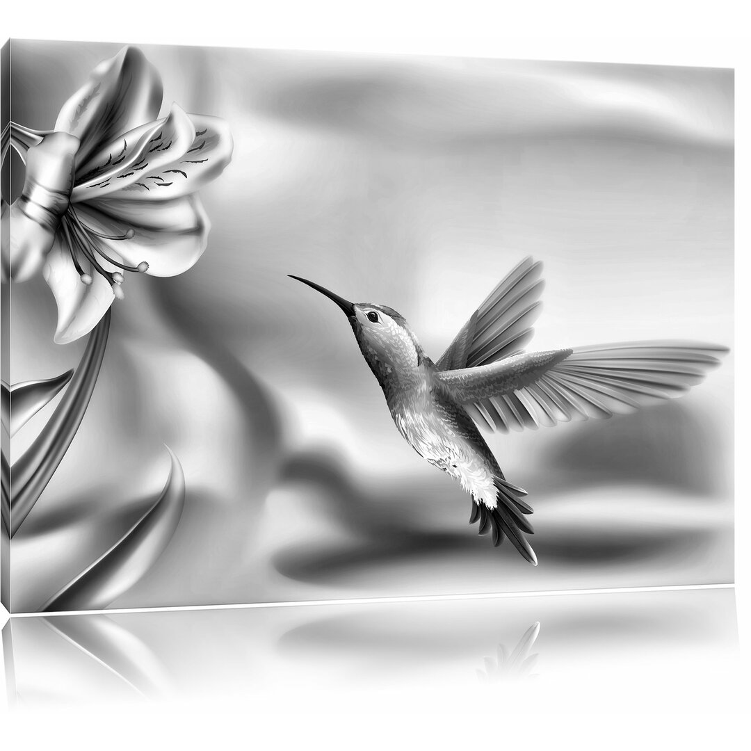 Leinwandbild Wunderschöner Kolibri mit Blüte in Monochrom