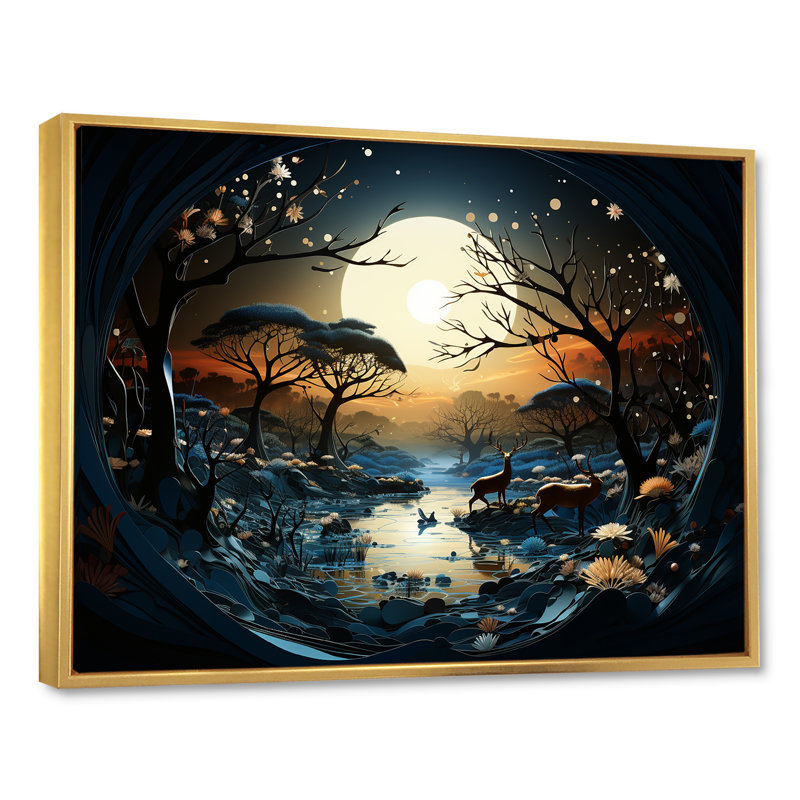 «Dreamy Moonlit Jungle I», art mural abstrait, Cadre flottant doré, H 30 po x l 40 po x P 1,5 po
