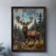Art encadré noir Un cerf avec un petit serpent suspendu à sa tête alors qu'il marche dans la forêt, reproductions d'art encadrées-2137008837