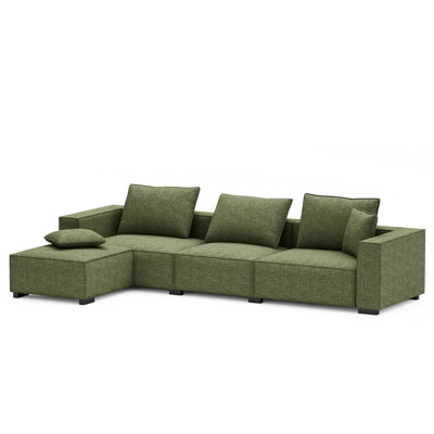 Kerens Luxe Modular Sectional Sofa Set - Modern L-Shaped Couch with Ottoman, Linen-Like Fabric in Green/Blue -  Latitude RunÂ®, 03319EC547AE47A7BB8ECF03A326FC73