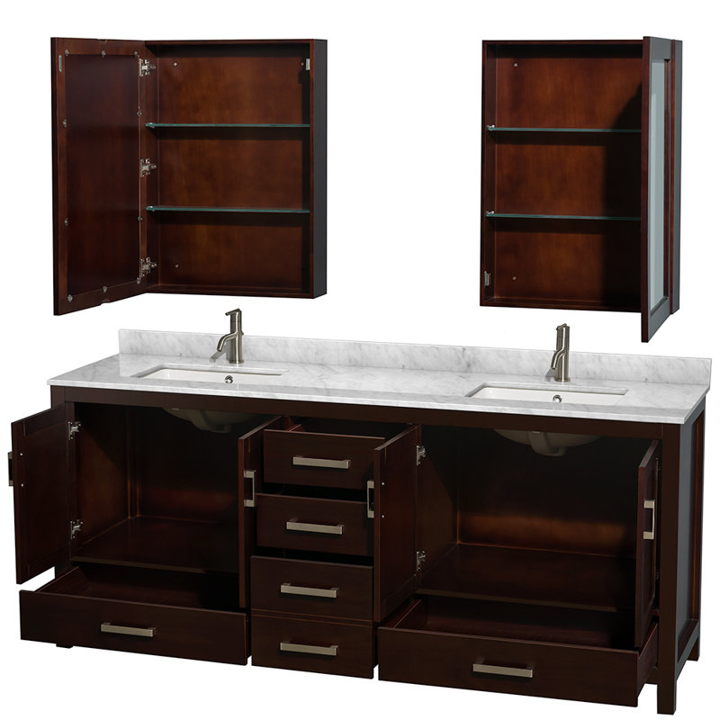 Sheffield 72" Freestanding Double Bathroom Vanity with Marble Top with Medicine Cabinets, Espresso, White Carrara Marble