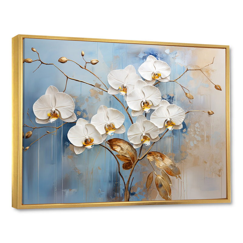 Orchidées beiges et dorées Simplicity III sur toile, Cadre flottant doré, H 24 po x l 32 po x P 1 po