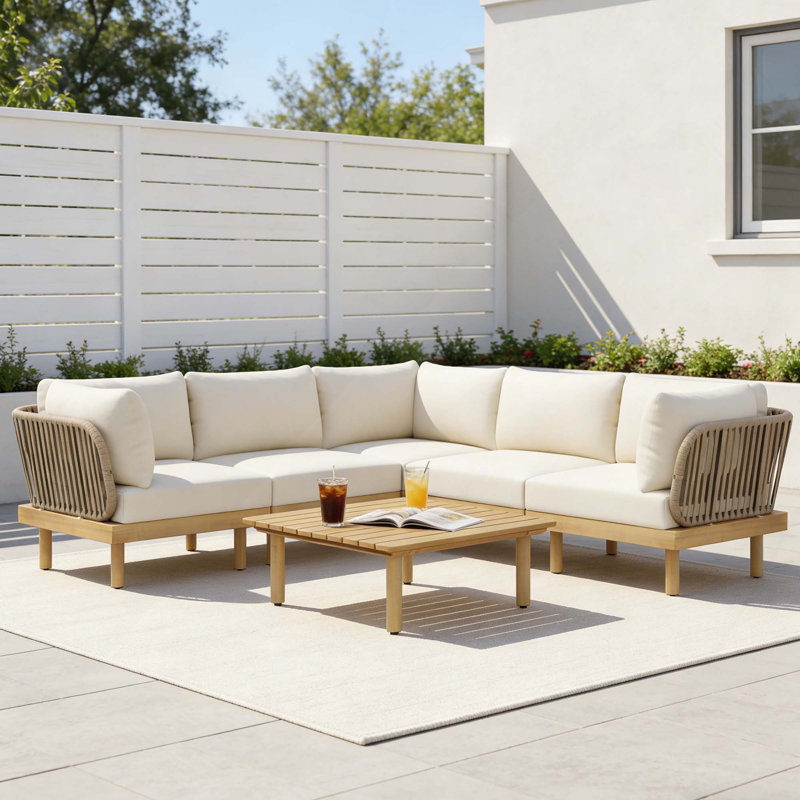 Ensemble de 6 canapés modulaires d'extérieur en L en bois d'acacia avec dossier en corde et coussins résistants aux intempéries